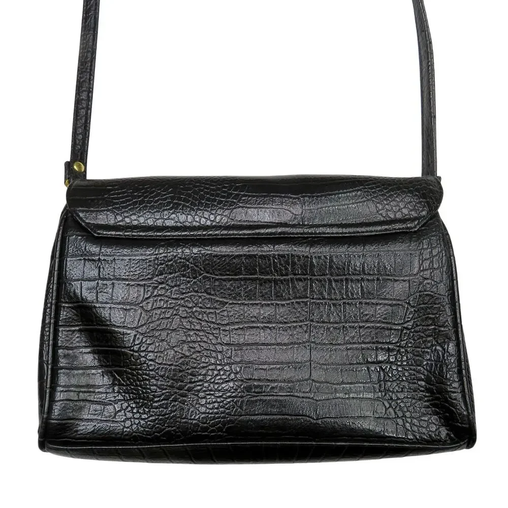 Vintage 1970s Croc Embossed Leather Crossbody Bag Black Gold Medium - Picture 5 of 10